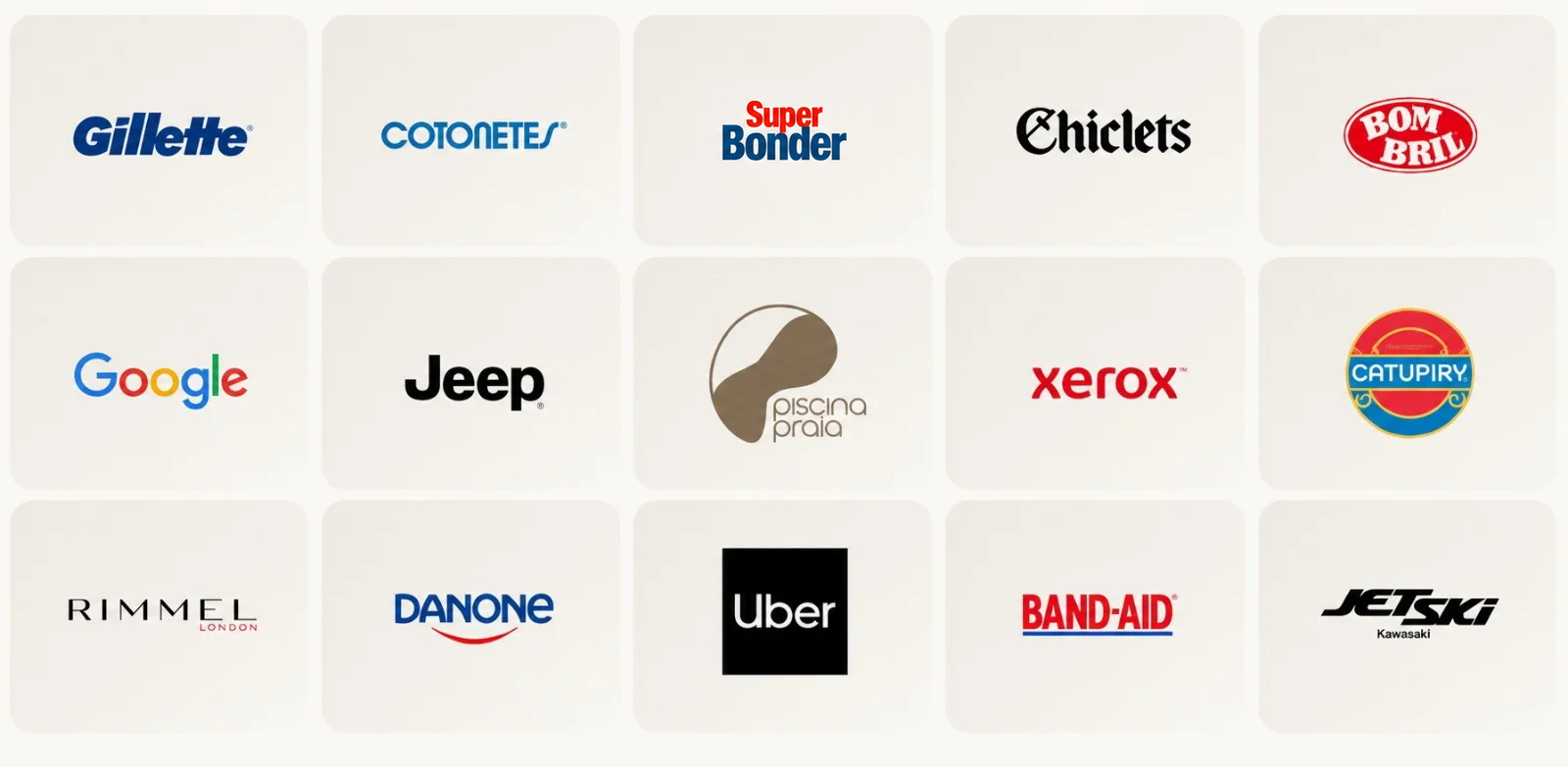 Marcas que viraram sinônimo da própria categoria: Gillette, Cotonetes, Super Bonder, Chiclets, Bombril, Google, Jeep, PiscinaPraia®, Xerox, Catupiry, Rimmel, Danone, Uber, Band-Aid e Jet Ski.