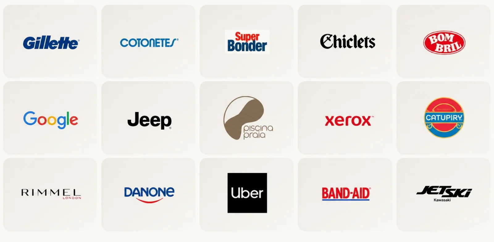 Marcas que viraram sinônimo da própria categoria: Gillette, Cotonetes, Super Bonder, Chiclets, Bombril, Google, Jeep, PiscinaPraia®, Xerox, Catupiry, Rimmel, Danone, Uber, Band-Aid e Jet Ski.