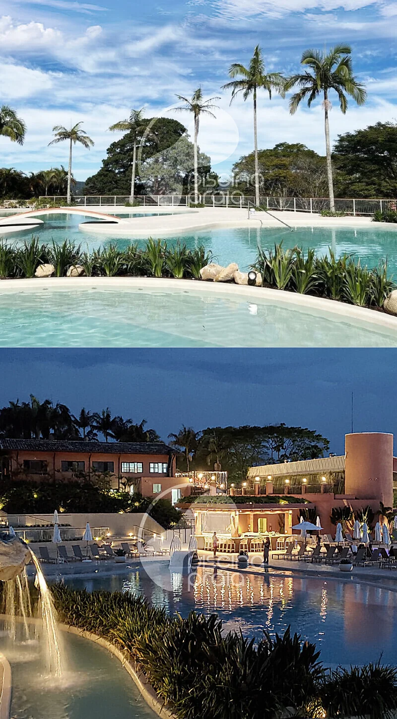 Piscina de resort em duas vistas, de dia com coqueiros e à noite iluminada